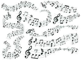 Musical notes. Music note swirl, melody pattern and sound waves with notes vector illustration set