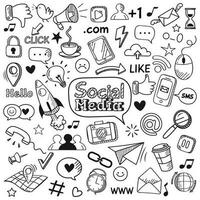 Social media doodle. Internet website doodles, social network communication and online web hand drawn vector icons set