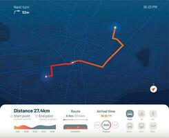 Route dashboard. City street map navigation, town running routes and gps tracking maps app flat vector illustration