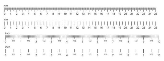 Inch and metric rulers. Centimeters and inches measuring scale. Precision measurement of ruler tools. Vector isolated set