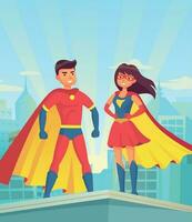 Super heroes. Comic couple superhero, cartoon man and woman in red cloaks on roof of city. Justice vector concept