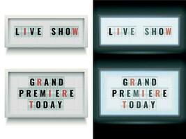 Cinema lightbox sign. Illuminated light box billboard panels or lcd screen. Vector isolated set