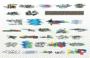 Modern glitch collection. Tv noise glitches, monitor signal decay and screen bug. Digital data glitched signals texture vector set