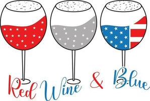 Red wine and blue wine glasses of American flag 4th of July t-shirt design vector