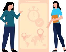 Girls checking location on mobile. vector