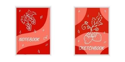 Cover page templates with berries. Red layouts with strawberries and currant. Doodle style Vector. vector