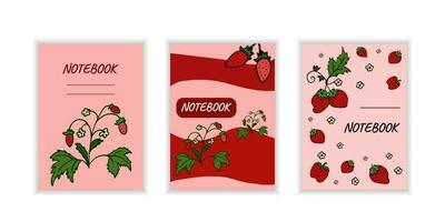 Cover page templates with berries. Red layouts with strawberries. Doodle style Vector illustration.