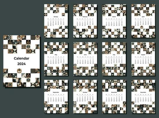 Calendar 2024 geometric patterns. Monthly calendar template for 2024 year with geometric shapes.
