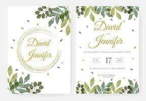 Wedding invitation card template with golden lines, watercolor botanical leaves, aquarelle. Watercolor style. Abstract art vector background design for wedding cover template. Vector illustration.