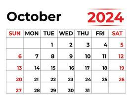 October 2024 monthly calendar with very clean look, week starts from Sunday vector