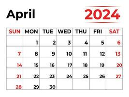 April 2024 monthly calendar with very clean look, week starts from Sunday vector