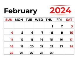 February 2024 monthly calendar with very clean look, week starts from Sunday vector