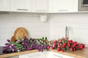 A large number of tulips of different colors lies on the table in the kitchen. Flowers in the sink photo