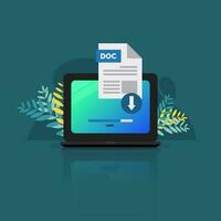 DOC format file on laptop screen. Downloading file with DOC label concept vector illustration