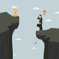 Vector businessman standing on the cliff and thinking to reach the trophy and achieve the goal. Business strategy and problem solving concept illustration