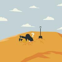 Vector businessman kneeling with his head in a hole in the sand with some gold bars on the side illustration