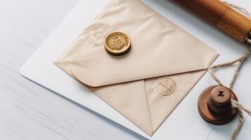 Closeup View of Old Letter Envelopes and Paper with Wax Seal, Stamp Flat Lay. Gnerative AI. photo
