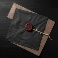 Overhead View of Red and Black Wax Sealed Old Letter Envelope on Wooden Desk. . photo