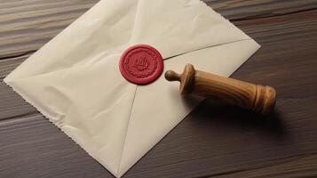 Overhead View of Red Wax Sealed Beige Old Letter Envelope with Stamp on Brown Wooden Background. Generative AI. photo