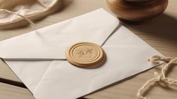 Closeup View of Golden Wax Sealed Beige Old Letter Envelope with Stamp on Wooden Background. Generative AI. photo