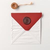 Closeup view of Red And White Old Letter Envelopes with Wax Seal and Stamp, Burlap Thread. Generative AI. photo