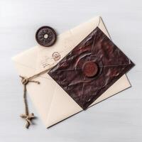 Flay Lay Old Letter Envelopes with Wax Seal and Burlap Thread on White Wooden Table Top. . photo