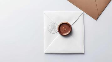 Overhead view of Sealed White and Brown Letter Envelope and Copy Space for Message. . photo