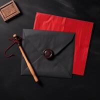 Red and Black Old Letter Envelopes with Wax Seal and Stamp, Wooden Box Flat Lay on Table Top. . photo