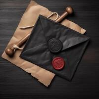 Overhead View of Black and Red Sealed Old Letter Envelope with Stamp Flat Lay, on Wooden Desk. . photo