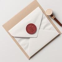 Overhead View of Red Sealed Black and Brown Old Letter Envelope on Wooden Background. . photo