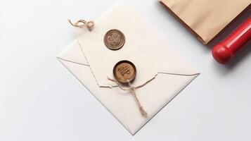 Flat Lay Old Letter Envelopes with Wax Seal and Stamp, Top View. . photo