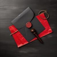 Red and Black Old Letter Envelopes with Wax Seal and Stamp, Burlap Thread Flat Lay on Table Top. . photo