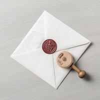 Flay Lay White Old Letter Envelopes with Red Wax Seal and Stamp on Table Top. . photo