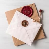 Flay Lay White and Brown Old Letter Envelopes with Wax Seal on Wooden Table Top. . photo