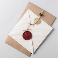 Flay Lay White and Brown Old Letter Envelopes with Wax Seal on Wooden Table Top. . photo