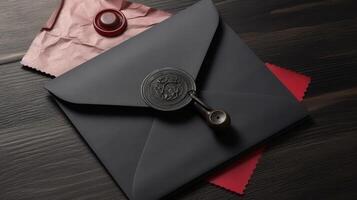 Closeup View of Wax Sealed Black and Red Old Letter Envelopes and Paper on Wooden Table Top. Gnerative AI. photo