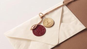 Top View Red and Golden Wax Seal Pastel Brown Old Letter Envelope Flat Lay. . photo