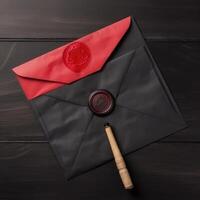 Red and Black Old Letter Envelopes with Wax Seal and Stamp Flat Lay on Table Top. . photo