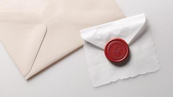 Overhead View of Red Wax Sealed with Old Letter Envelope Flat Lay. . photo