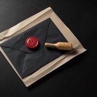 Overhead View of Red Wax Sealed Old Letter Envelope with Stamp on Black Desk. Generative AI. photo