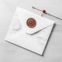 Closeup view of White Old Letter Envelopes with Wax Seal and Burlap Thread Flat lay. . photo