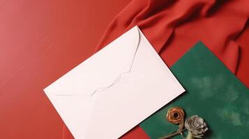 Overhead View of White And Green Embossed Wedding or Event Card, Envelope with Mold Flower on Red Fabric Background. . photo