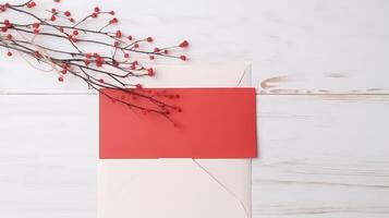 Greeting Card Mockup and Red Cherry Blossom Branch on White Wooden Table Top. . photo