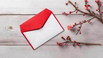 Greeting Card Envelope Mockup and Red Floral Bud Branch on Wooden Texture Table Top. Generative AI. photo