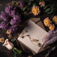 Blank Paper Card, Envelope Mockup, Chrysanthemum Flowers and Roses on Wooden Texture Table Top. . photo