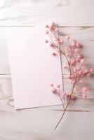 Blank Paper Card Mockup and Pink Floral Branch Flat Lay on White Wooden Table Top. . photo