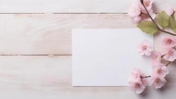 Top View of Blank White Paper Card Mockup and Blossom Branch on Wooden Table, . photo