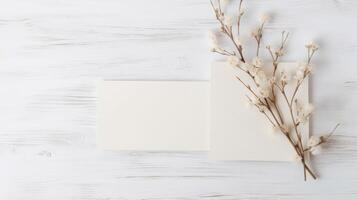 Top View of Blank Invitation Card Papers Mockup and Tiny Flower or Gypsophila Branch on White Wooden Texture Table, . photo