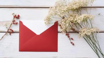 Greeting Card Envelope Mockup, Red Berry Stem and Gypsophila Flowers on Wooden Texture Table Top. . photo