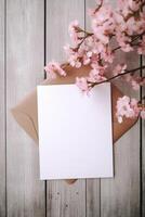 Top View of Greeting Card, Envelope Mockup and Beautiful Cherry Floral Branch on Wooden Table. . photo